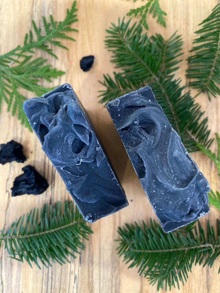Cedarwood + Fir Milk & Tallow Soap with greenery and charcoal chunks on wooden surface
