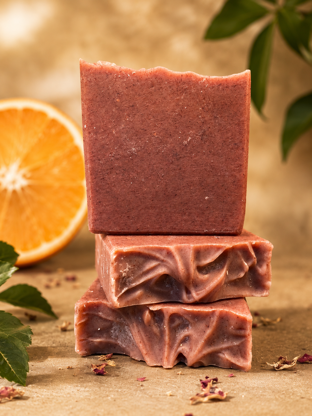 Stack of pink soap bars with an orange and leaves on a wooden surface