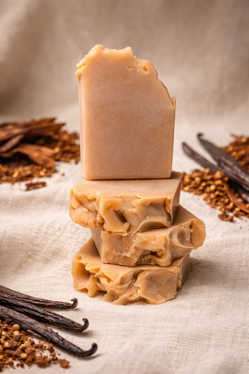 Stack of artisan soap bars with vanilla beans and spices on a textured surface